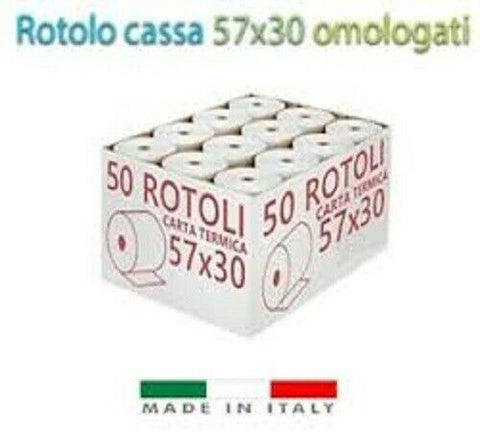 100 ROTOLI TERMICI 57x30 Carta Termica Anima 12 Omologati Registratore-Cassa