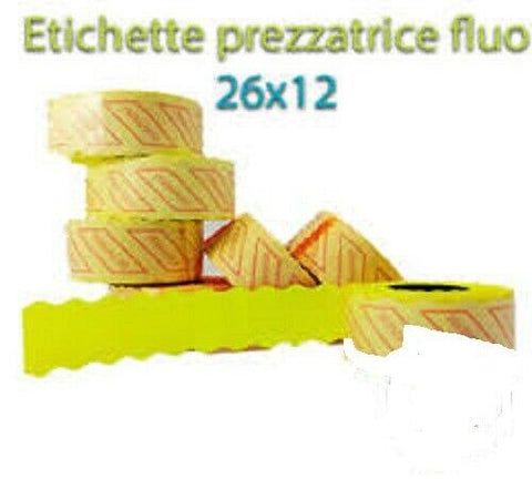 36 Rotoli ETICHETTE per PREZZATRICE 12x2mm6 ADESIVE 26x12 FLUO PERMANENTI